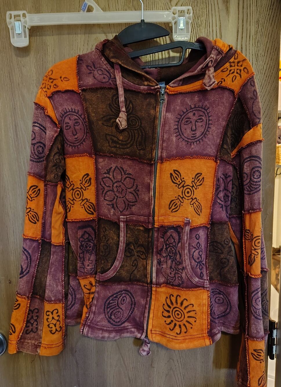 Y2k boho patchwork hoodie boho hippy full zip pockets Sun Purple Orange M L